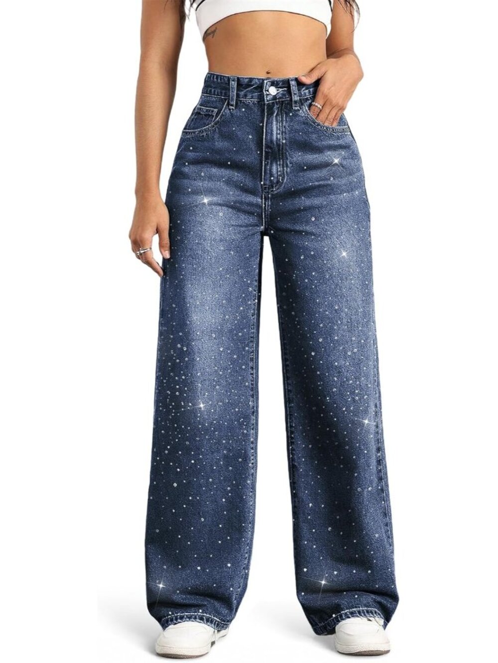 Women's Blue Bling High Waisted Wide Denim Pants Baggy Trendy Straight Leg Jean